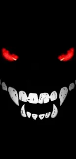 Dark monster face with red eyes and sharp white teeth on a black background.