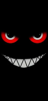 Creepy monster face with red eyes and sharp teeth on a dark background.