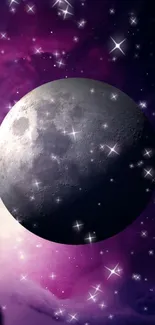 Dark moon with stars in a purple galaxy background.