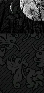 Dark forest with moon and intricate patterns wallpaper.