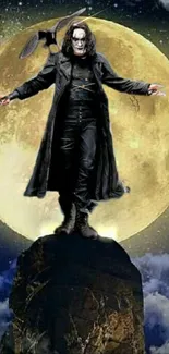 Gothic figure standing on rock under full moon in dark sky.