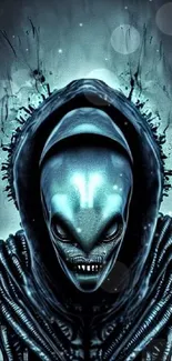 Dark alien figure with hood in blue tones.