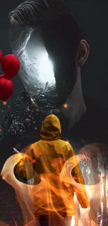 Dark and mysterious wallpaper with fire, red balloons, and abstract figures.