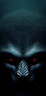 Dark creature with red eyes, set against a shadowy background.