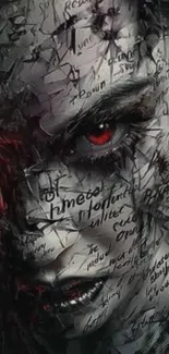 Dark artistic face with red eyes and handwritten text design.