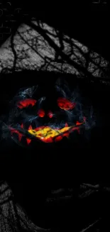 Dark mysterious face with glowing eyes and mouth set against a shadowy background.