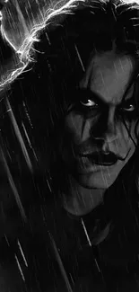 Black and white wallpaper with a mysterious figure in the rain, creating a dark ambiance.