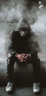 Mysterious hooded figure in a dark, smoky setting for a mobile wallpaper.