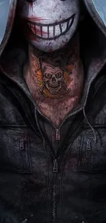 Dark hoodie figure with tattoo and eerie smile in gothic art style.