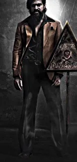 Dark themed wallpaper with man in a brown jacket and caution sign.