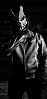 Dark masked figure in a leather jacket with dramatic lighting.