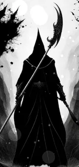 Silhouetted warrior in dark, mystical setting with intricately designed weapon.