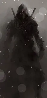 Dark warrior stands in misty grayscale fog.