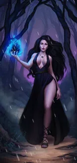 Mystical sorceress with blue energy in an enchanted forest.