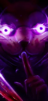 Mysterious neon cat with glowing purple eyes on a dark background.