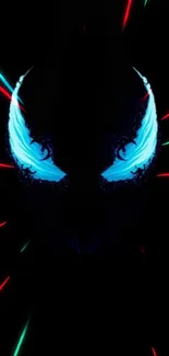 Dark wallpaper with neon eyes and vibrant light streaks.