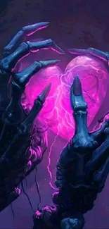 Skeleton hands hold a glowing purple heart.