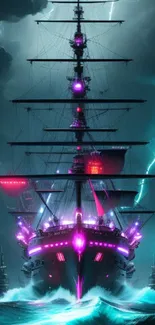 A towering ship with neon lights sails through a stormy sea with dramatic lightning.