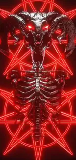 Dark skull with neon red glow and ribcage on black background