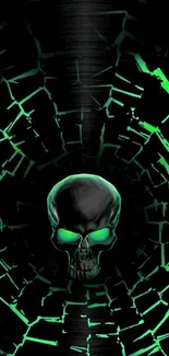 Neon green skull with dark background wallpaper design.