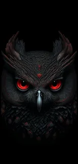 Intricate dark owl with red eyes on black background for phone wallpaper.