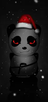 Dark panda with Santa hat and red eyes on a festive winter background.