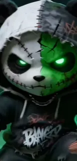 Dark panda in hoodie with green glowing eyes