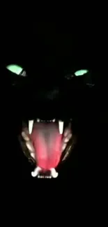 Dark panther with glowing green eyes and sharp fangs on black background.