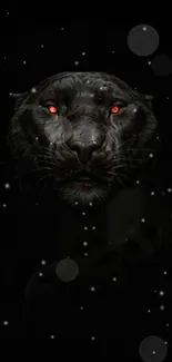 Dark panther with glowing red eyes on black background.