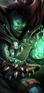 Dark phantom with glowing green energy orb in hand, mysterious and captivating.