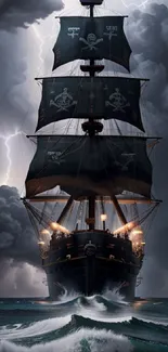 Pirate ship in a stormy sea with dark clouds and lightning.