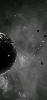 Dark planet with scattered debris in space.