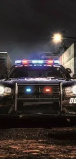 Dynamic police car with bright lights in a dark urban setting.