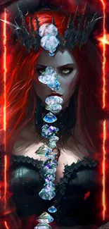 Dark queen with red hair on throne in gothic artwork.