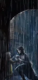 Two figures in a dark, rainy night scene with cascading raindrops, creating a mysterious atmosphere.