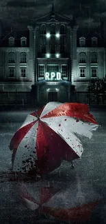 Blood-stained umbrella on a rainy night with a mysterious building in the background.