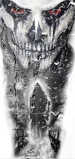 Eerie skull with rain droplets on a dark reflective surface wallpaper.