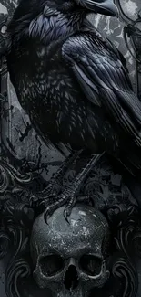 Dark raven perched on a detailed skull in gothic artwork.