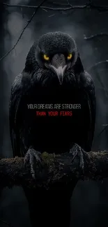 Dark raven on branch with motivational quote.