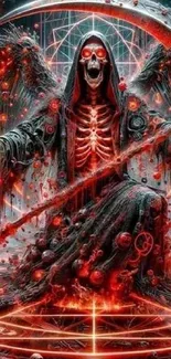 Dark fantasy reaper with scythe in red glow.