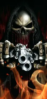 Dark hooded reaper holding guns in moody skull art.