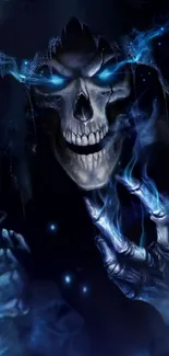 Dark reaper with glowing blue eyes and skull on mobile wallpaper.