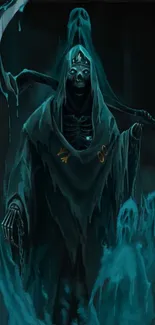 Dark reaper with teal ghostly figures in a haunting mobile wallpaper.