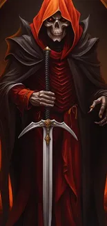 Skeletal figure in red cloak with sword in gothic style wallpaper.