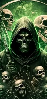 Dark reaper surrounded by glowing skulls in green aura.