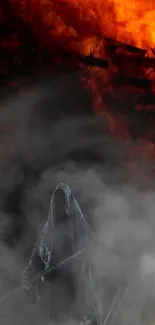 Dark robed figure with fiery sky and smoke in the background.