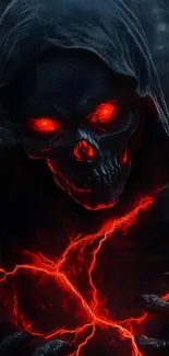 Hooded reaper with glowing red eyes and fiery aura.