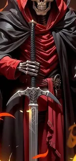Dark reaper with a fiery sword in red robes.