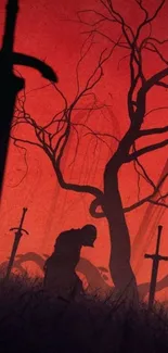 Silhouette with swords under dark red sky.