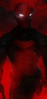 Silhouette of a hero with glowing eyes on a red backdrop.